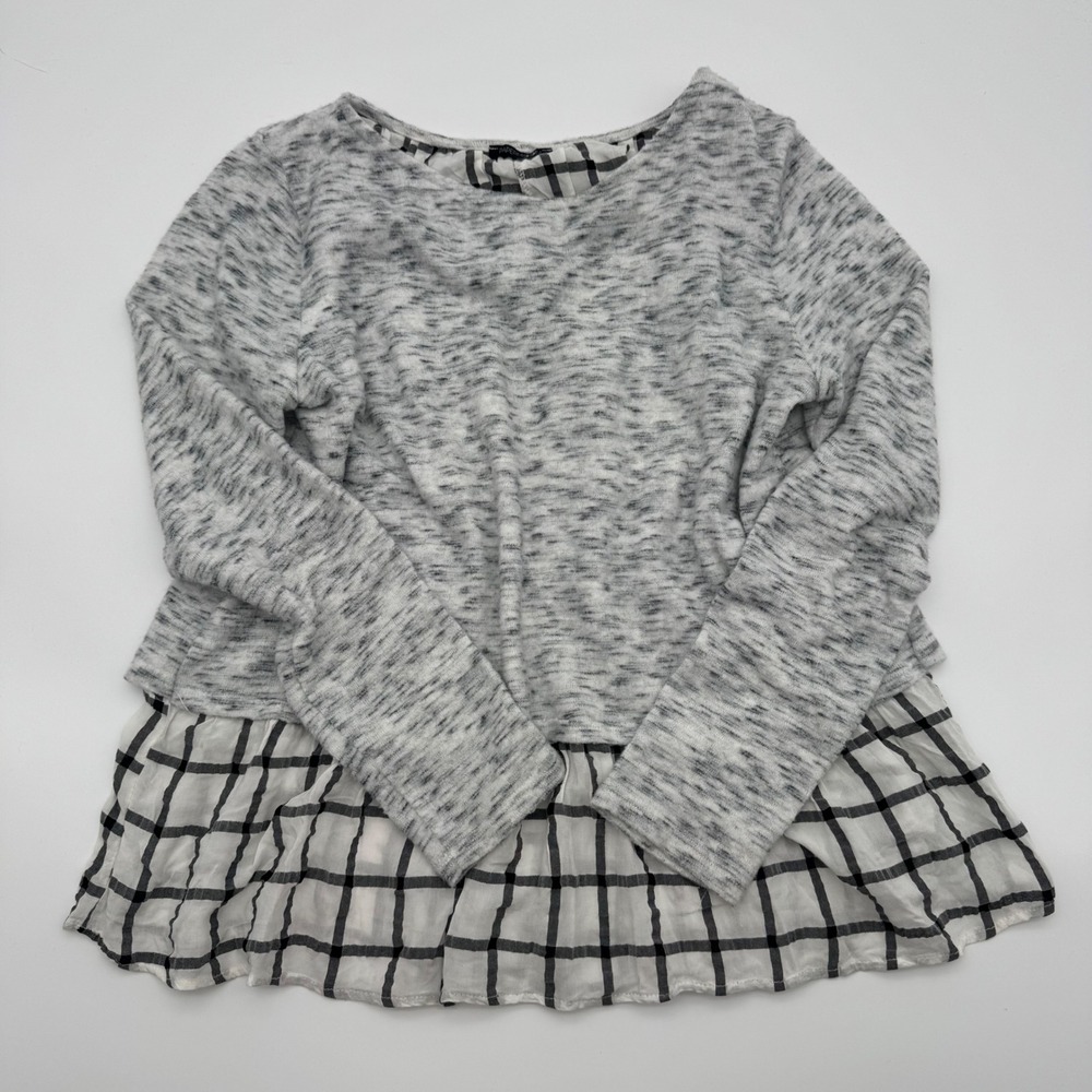 PaperMoon Womens Grey Space Dye Plaid Mixed Media Split Back Top Medium Business